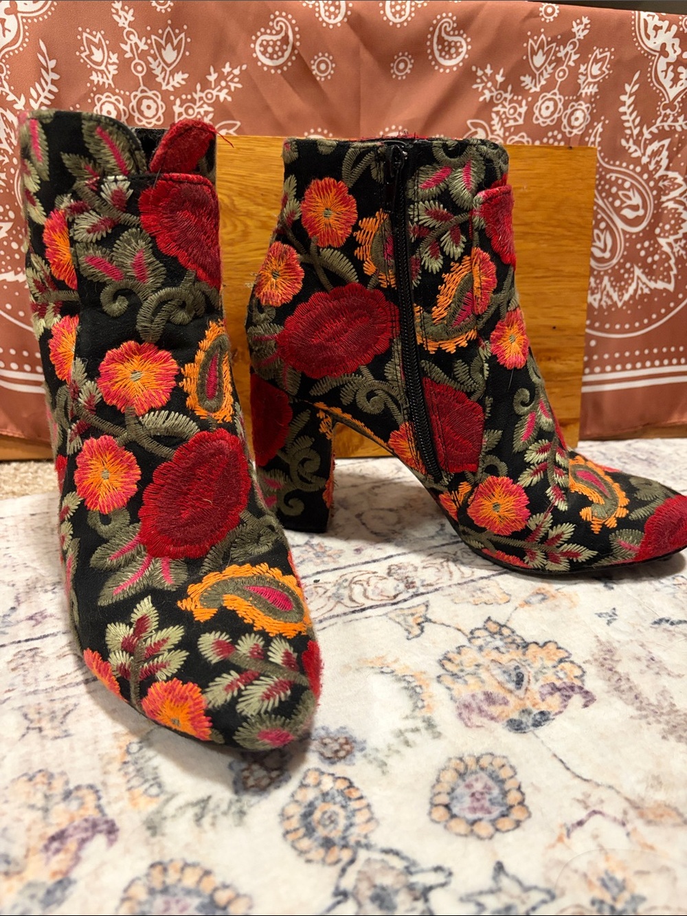 MIA Black Embroidered Floral Ankle Boots with Red & Orange Accents
